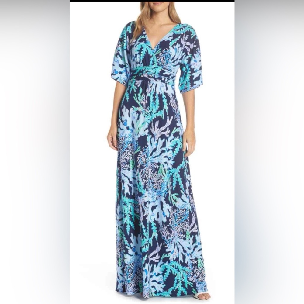 LILLY PULITZER Small S PARIGI MAXI DRESS SWISH & SWAY DEEP INDIGO Blue V Kimono
